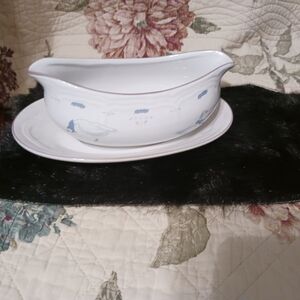 Charming White and Blue Gravy Boat with Saucer Newcor
